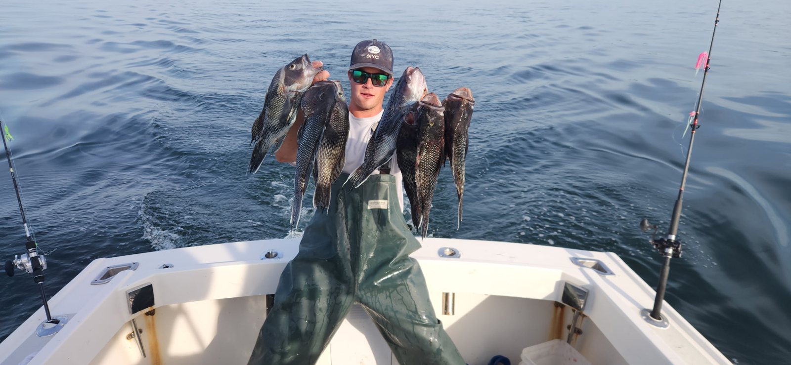 Four anglers with a haul of blackfish, sea bass and porgies on a fall charter out of Mount Sinai