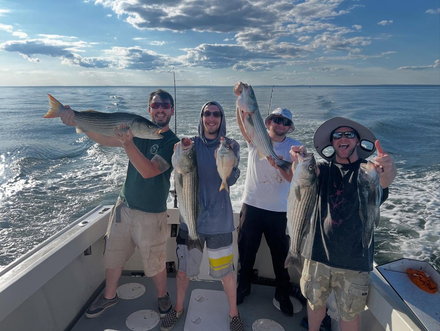 Anglers with striped bass and bluefish on a mixed-bag Long Island Sound charter